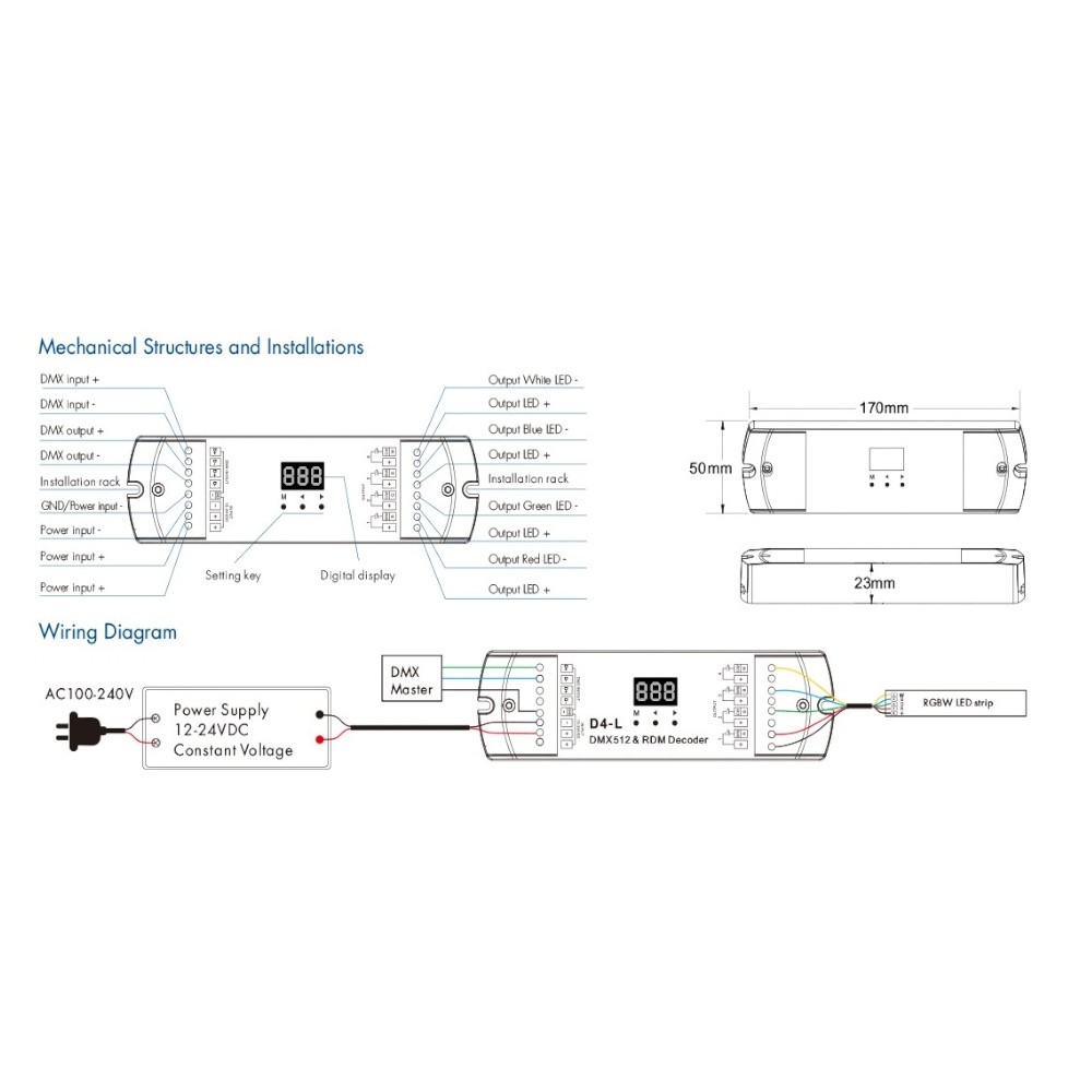 Decoder d4-l dmx 512 12-24v dc - 5a canale - 4 canali